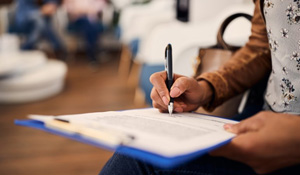 Patient filling out a dental insurance form in-office